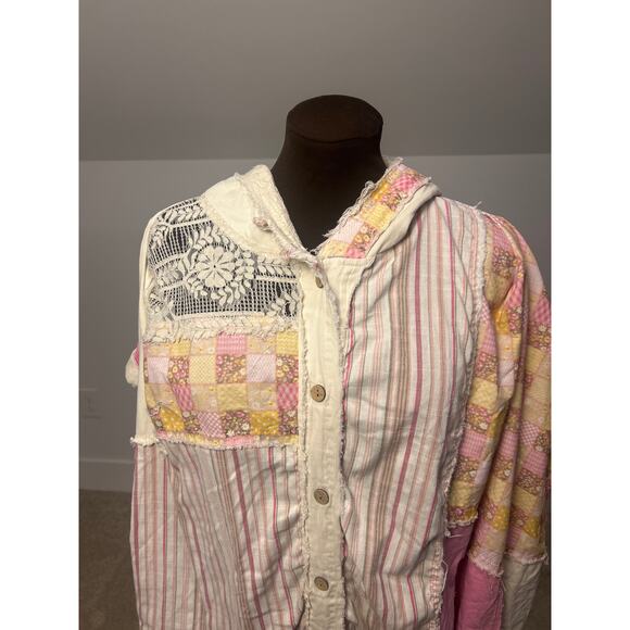 Blue Velvet Button Down Oversized Hoodie Pink Distressed Patchwork Top Size S/M - Picture 2 of 9